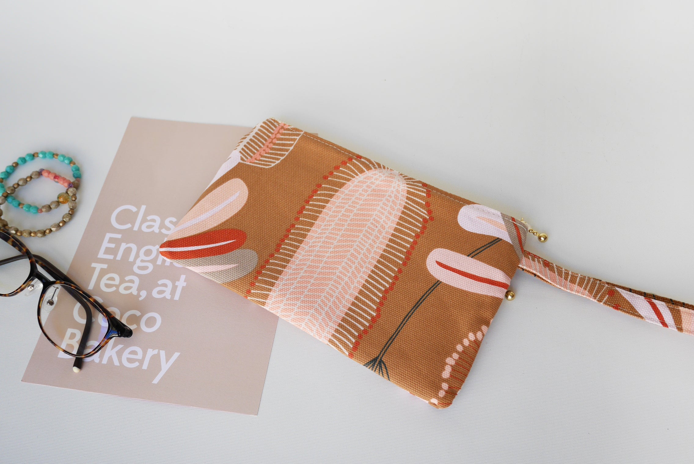 Wristlet clutch bag, double zipper pouch, canvas wristlet banksia