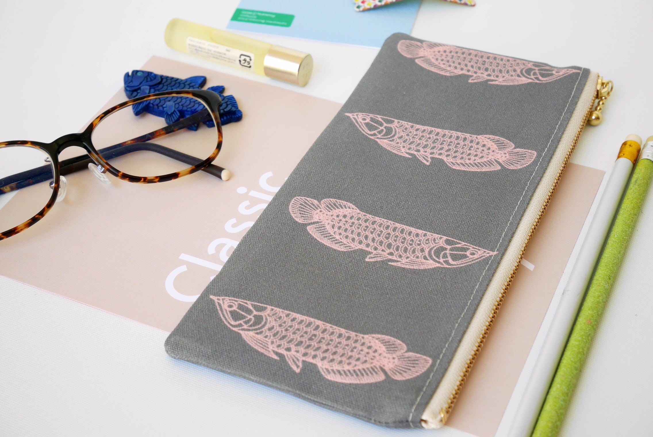 Canvas zipper pouch, cool pencil case for women, fish pouch, Arowana