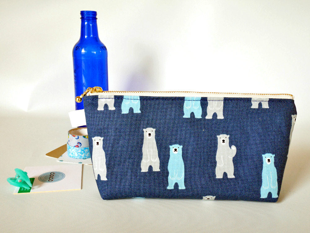 Cute canvas zipper pouch, polar bear pencil case, navy