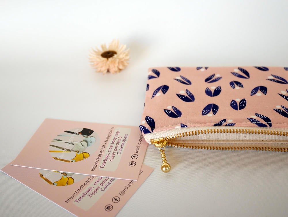 Small coin purse with zipper, pink zipper card pouch, organic cotton