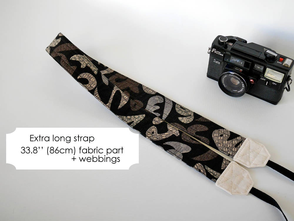 Black DSLR camera strap, long, Japanese print