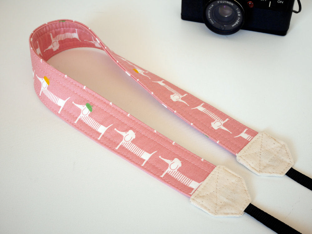 DSLR camera strap dog print, sausage dog pink, cute camera strap