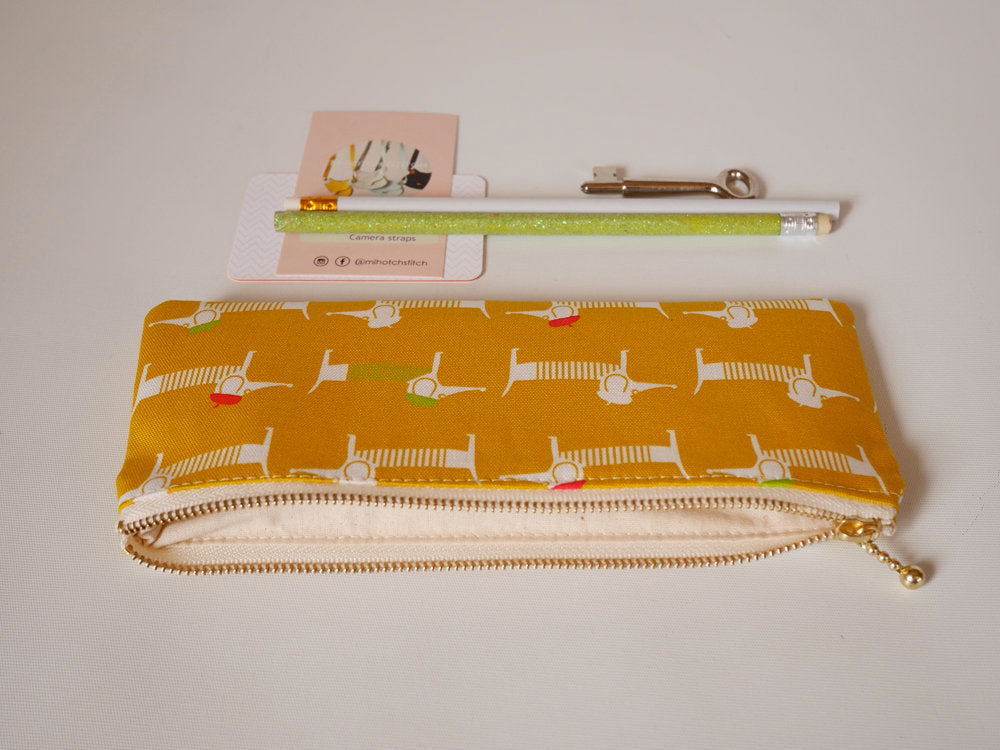 Fabric pencil pouch, cute dachshund yellow