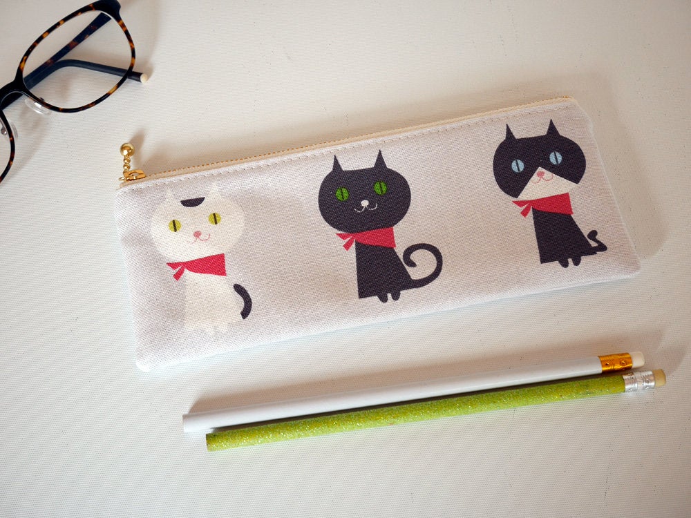 Fabric pencil case, zipper pencil bag, cute cat zipper pouch