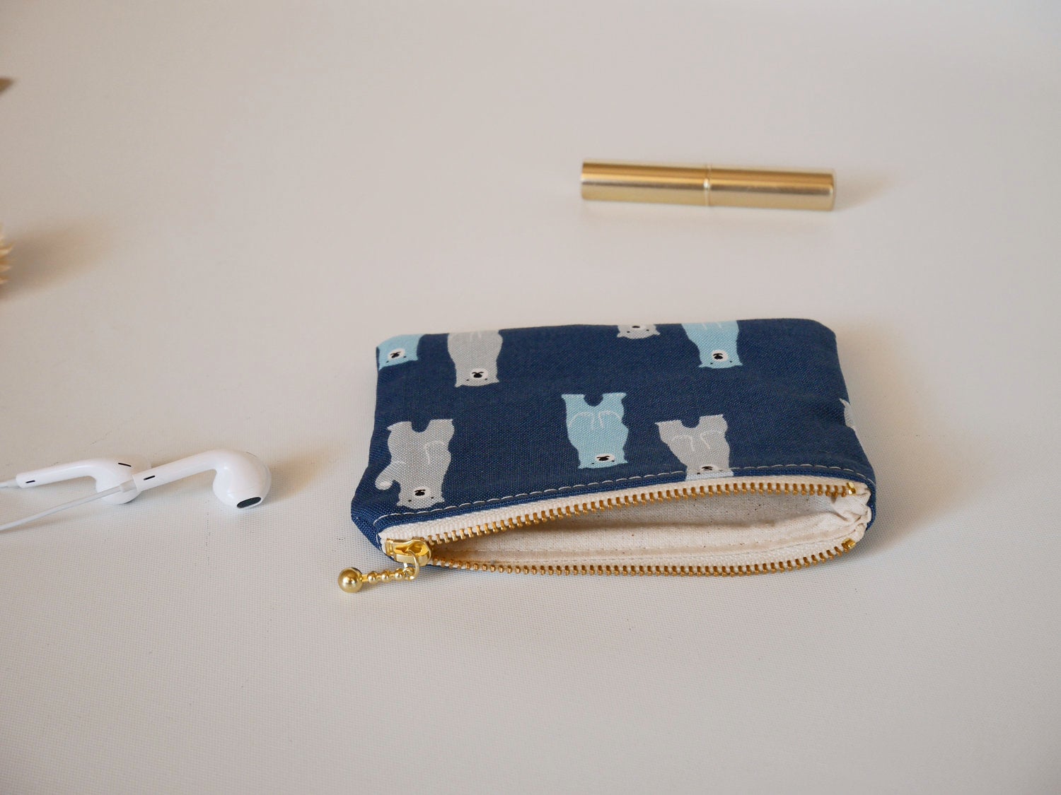 Cute zipper purse, boys coin purse, navy zipper pouch, polar bear