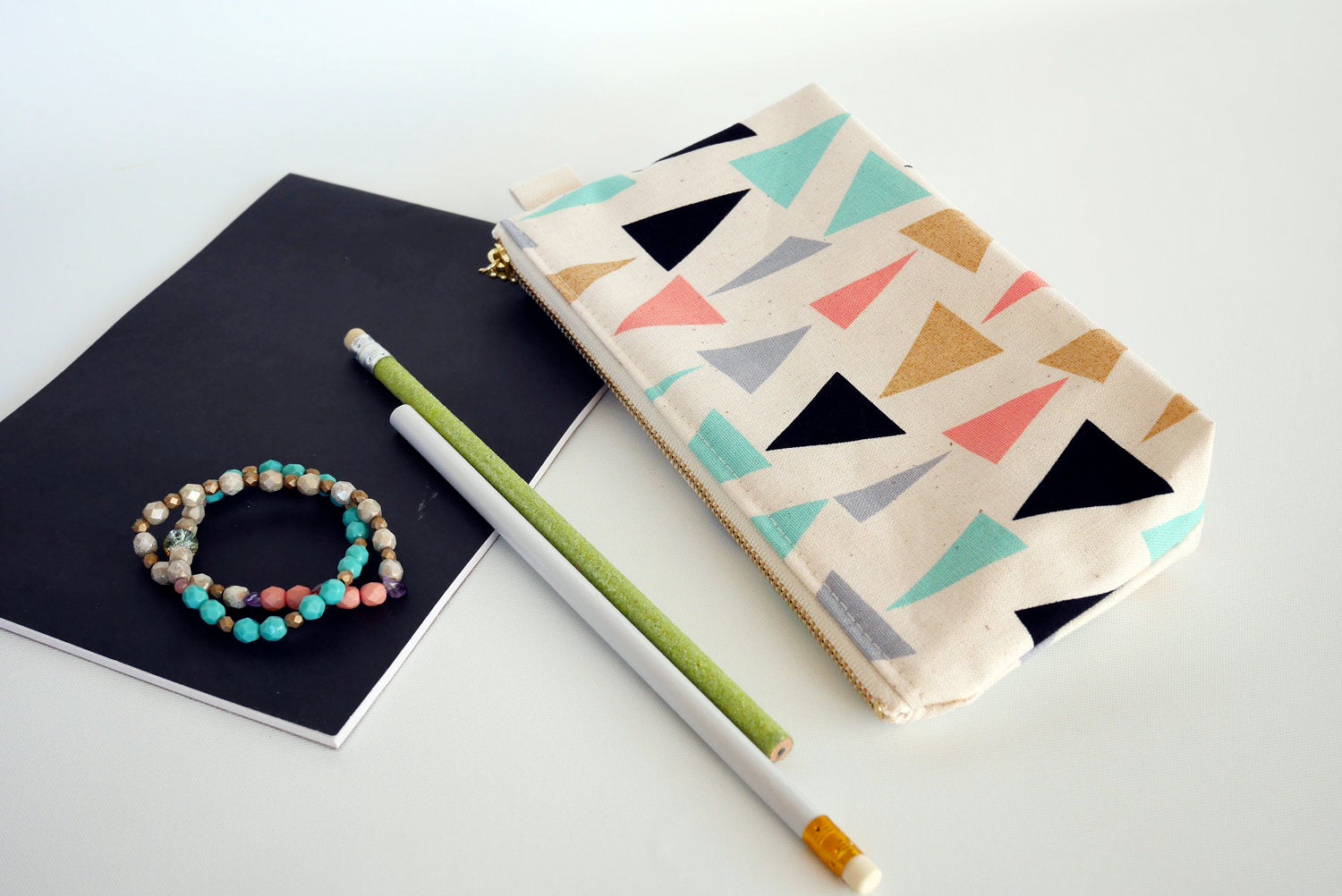 Canvas pencil case, zipper pencil pouch, off white Triangle