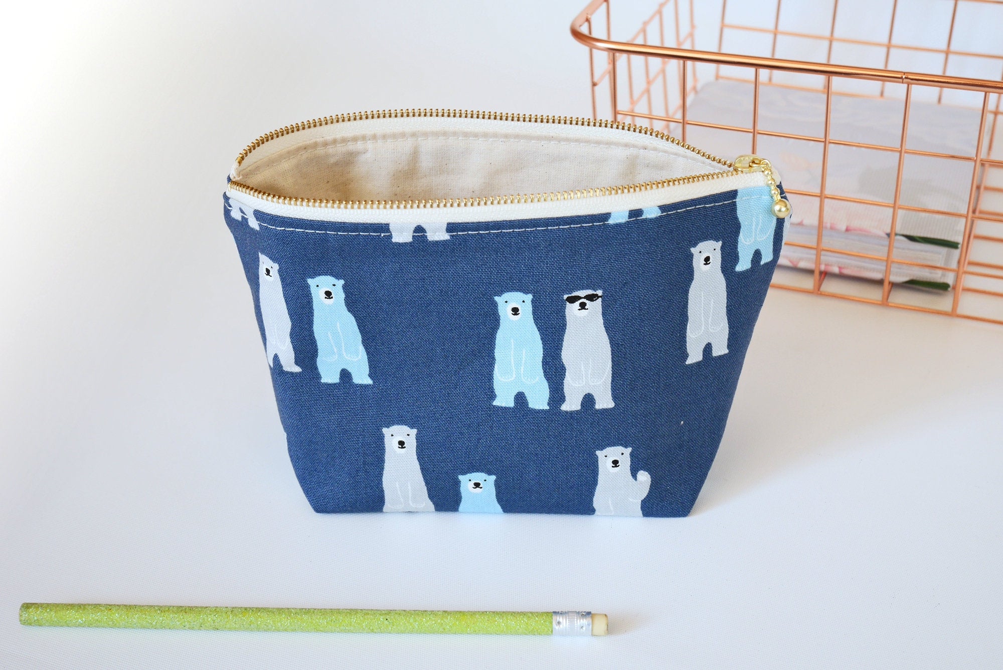 Blue cosmetic pouch, bear print