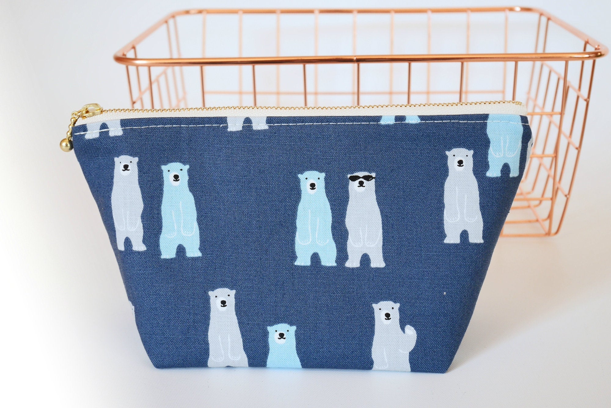 Blue cosmetic pouch, bear print