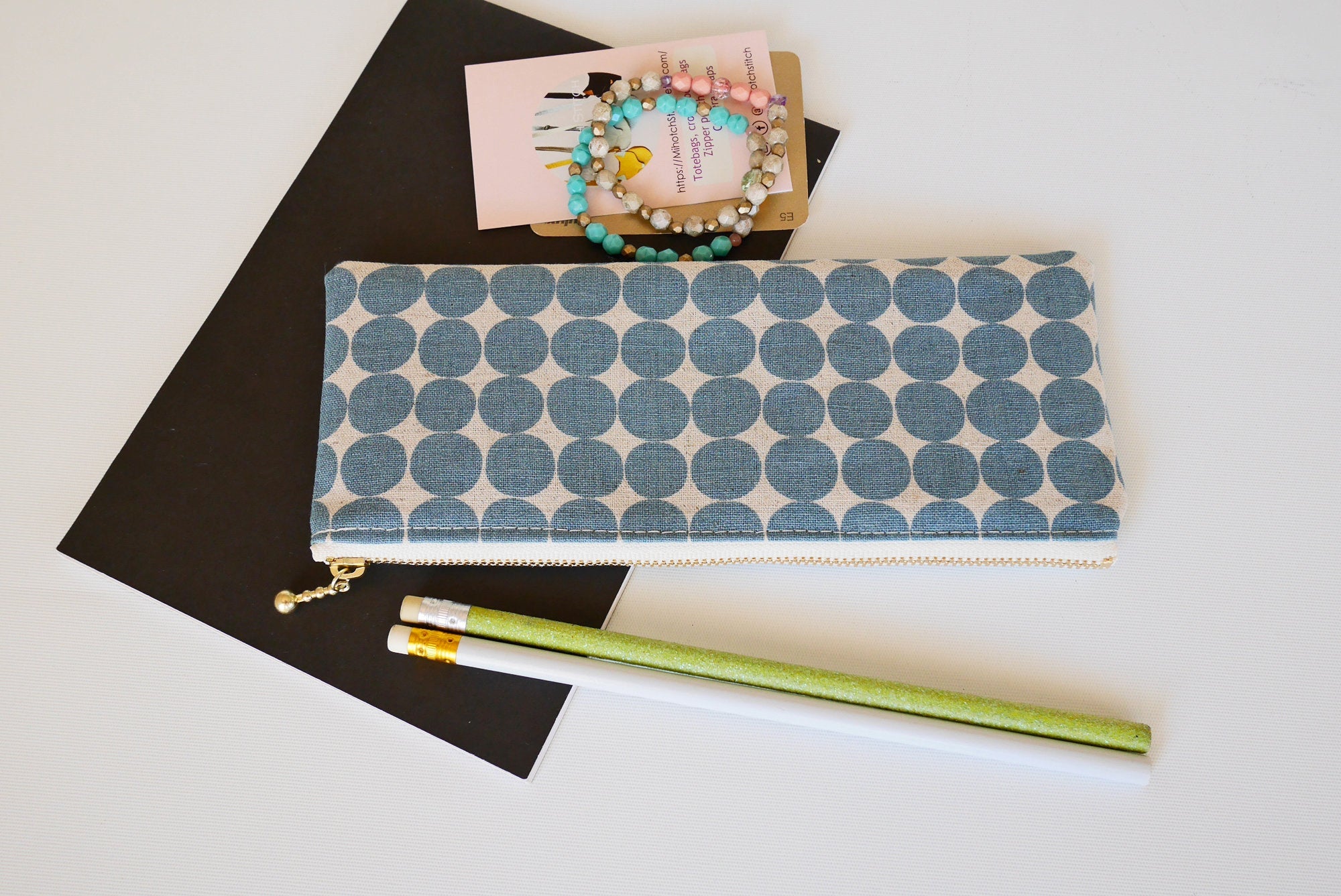 Long zipper pouch, canvas pencil case, polka dot blue gray